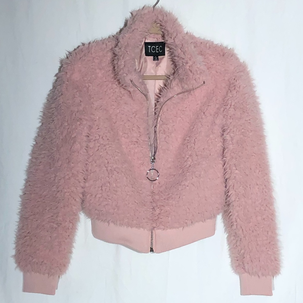 TCEC Pink Fuzzy Bomber Jacket